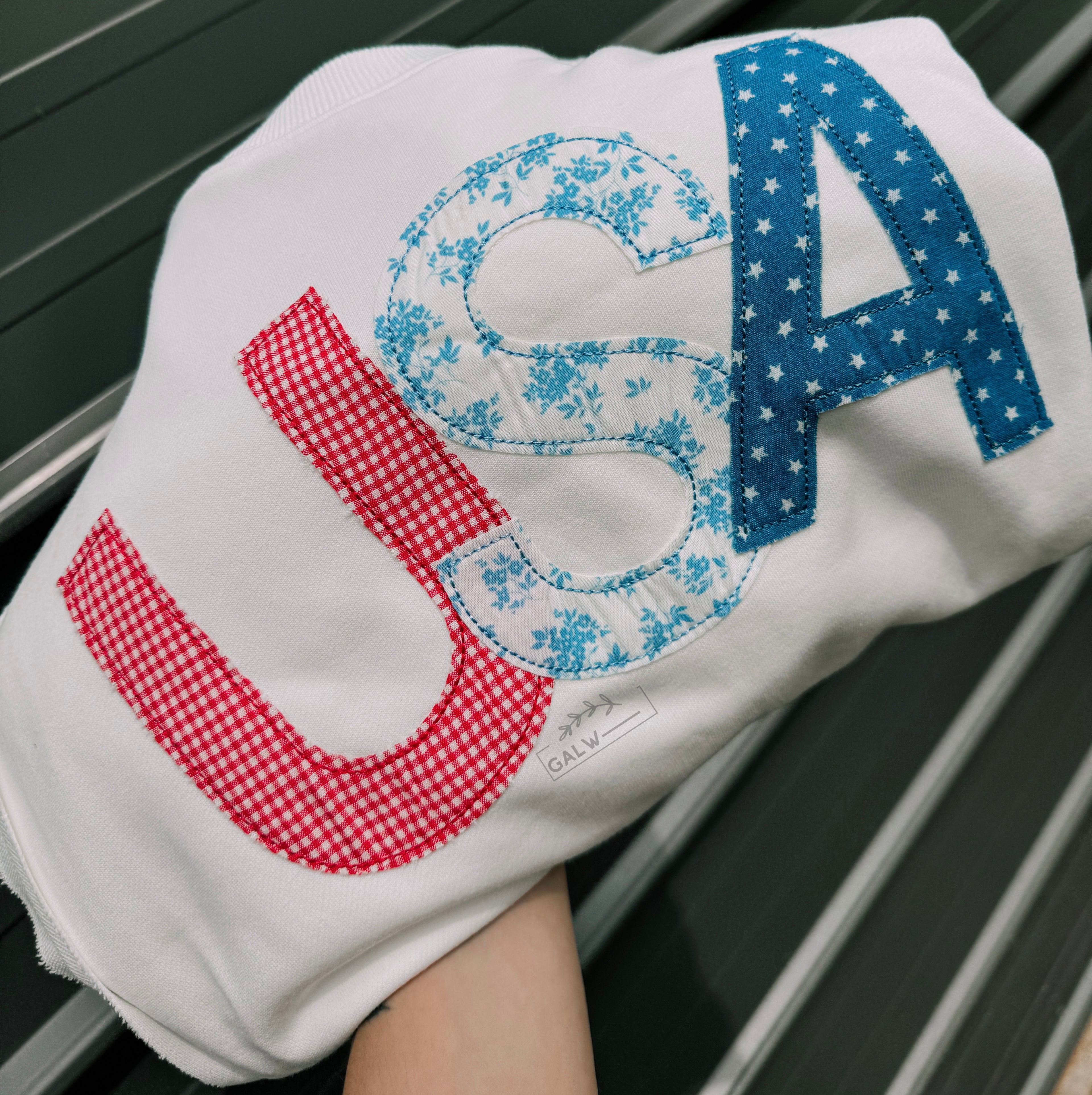 USA embroidery patch white sweatshirt