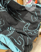 Turqoise & black cactus lighting bolt cowboy boot & horseshoe 100% polyester microfiber 50x70 blanket PRE ORDER / ETA END OF FEB