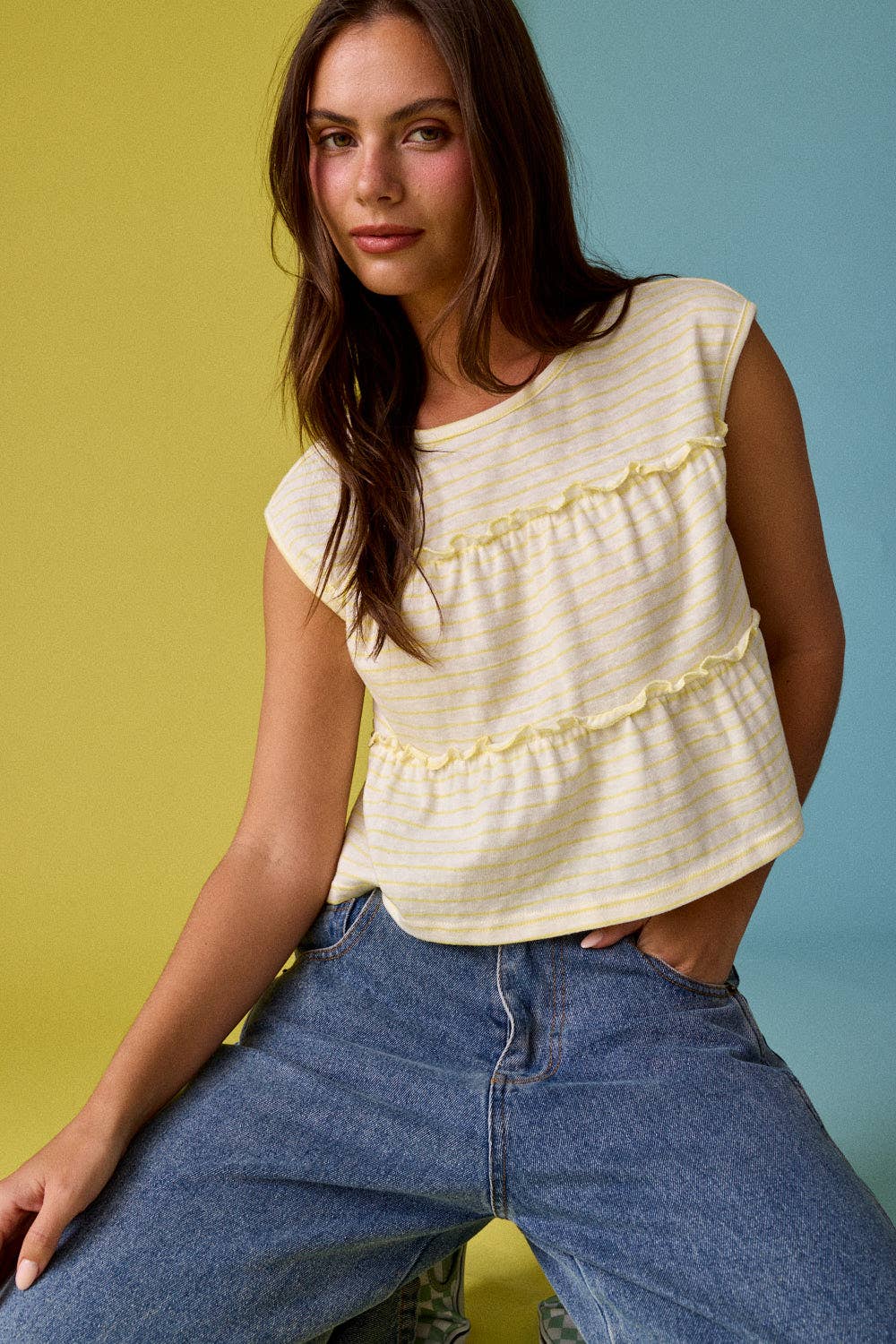 PT19606 Striped Tiered Seam Sleeveless Stripe Top
