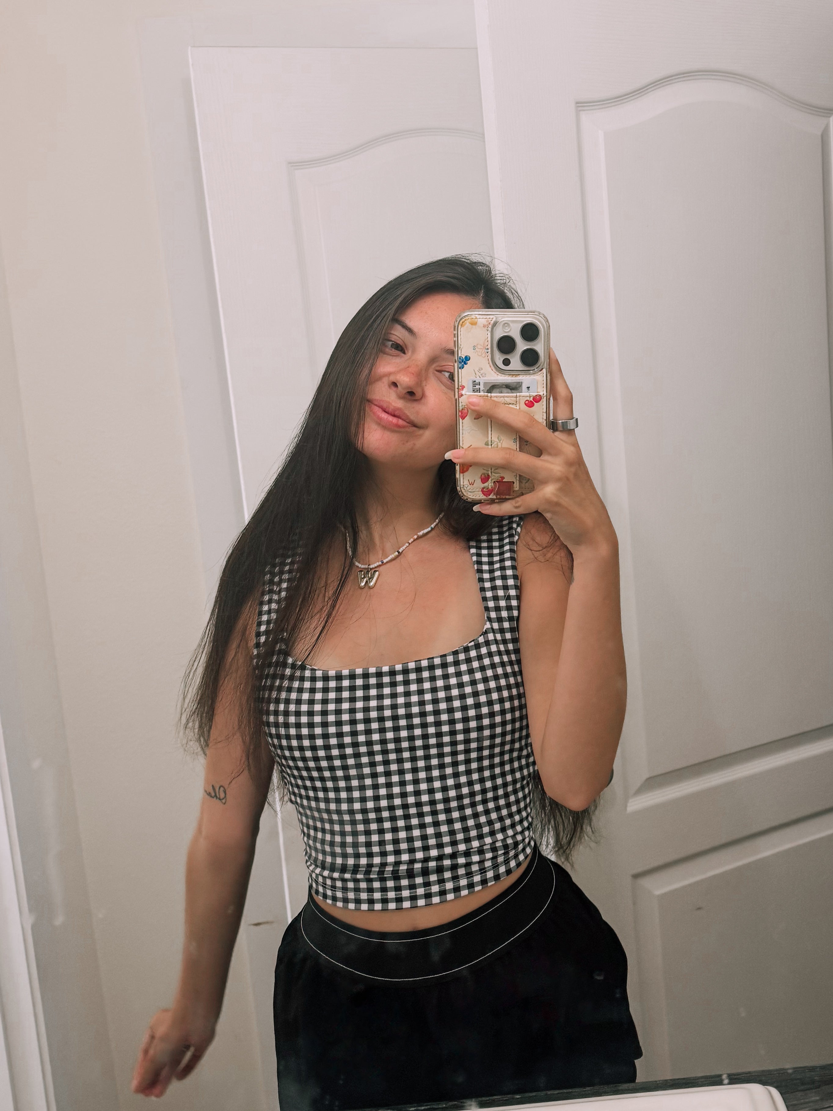 Gingham Print Wide Strap Fitted Tank