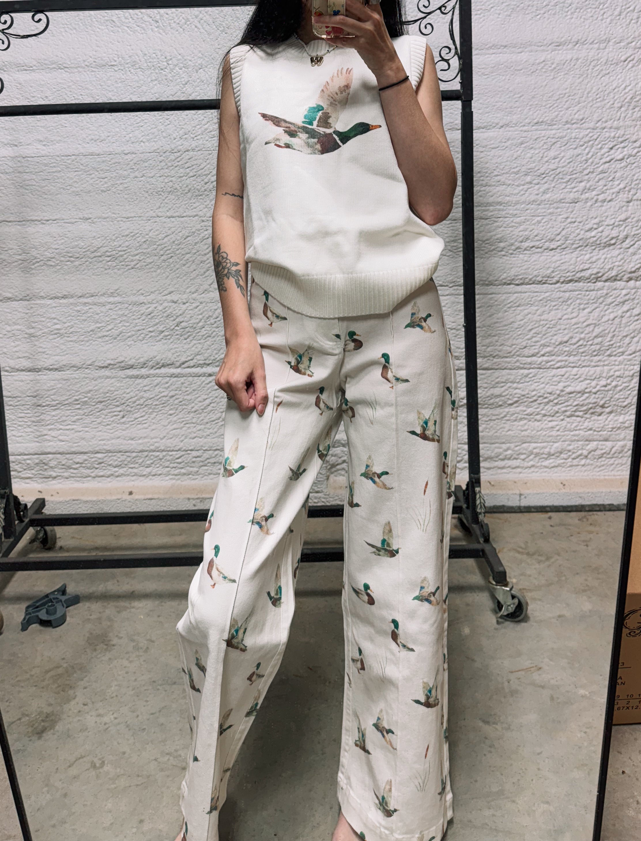 Vintage mallard Duck Print Wide Leg Pants – Women’s Cream High Waisted Lounge Pants, Cottagecore Relaxed Fit Trousers