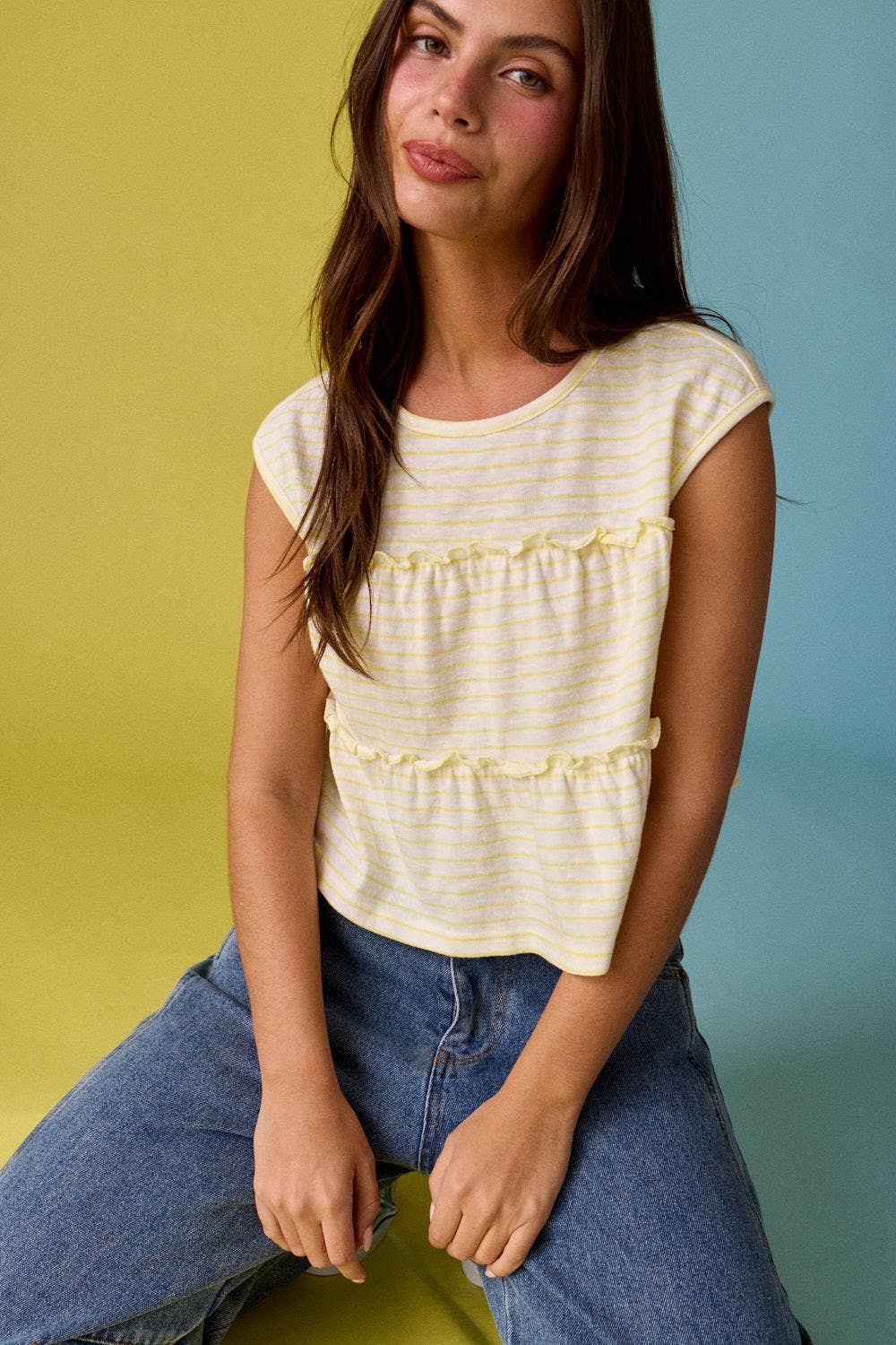 PT19606 Striped Tiered Seam Sleeveless Stripe Top