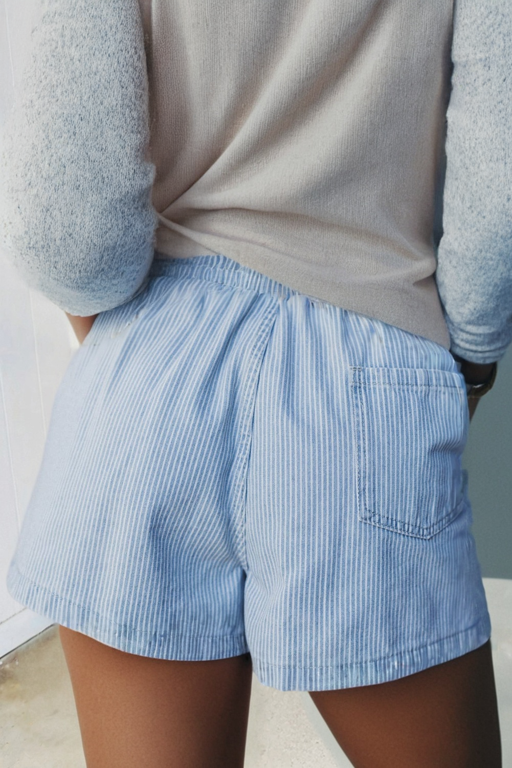 Striped Drawstring Elastic Waist Denim Shorts