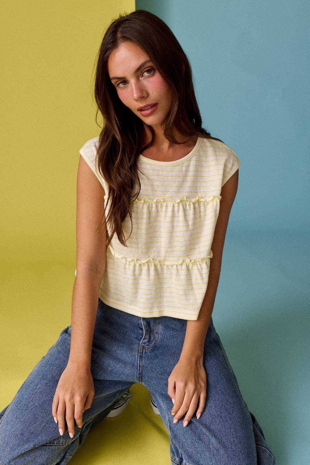 PT19606 Striped Tiered Seam Sleeveless Stripe Top