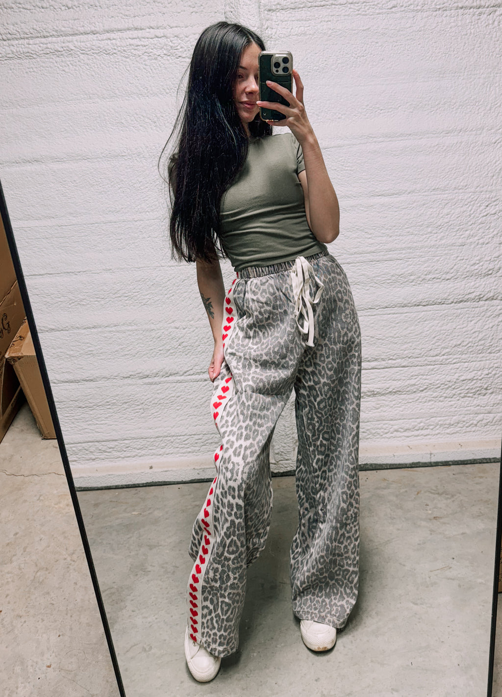 Leopard Print Heart Side Stripe Sweatpants