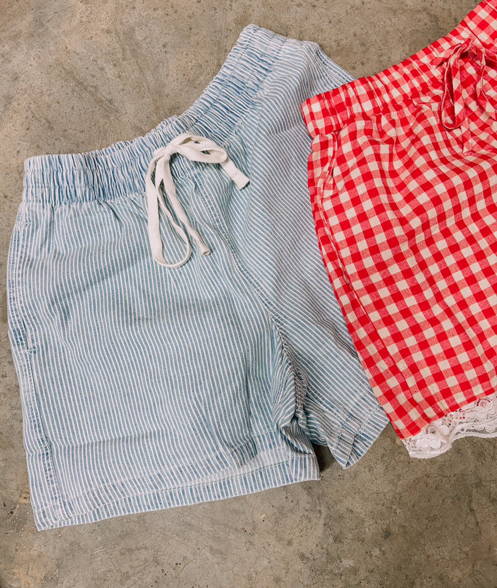 Striped Drawstring Elastic Waist Denim Shorts