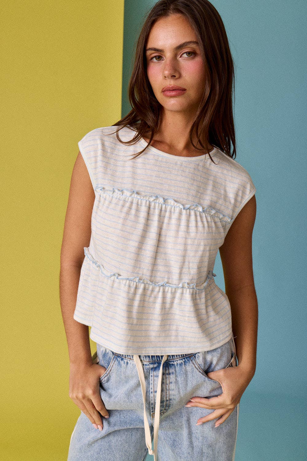 PT19606 Striped Tiered Seam Sleeveless Stripe Top