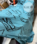 Turqoise & black cactus lighting bolt cowboy boot & horseshoe 100% polyester microfiber 50x70 blanket PRE ORDER / ETA END OF FEB