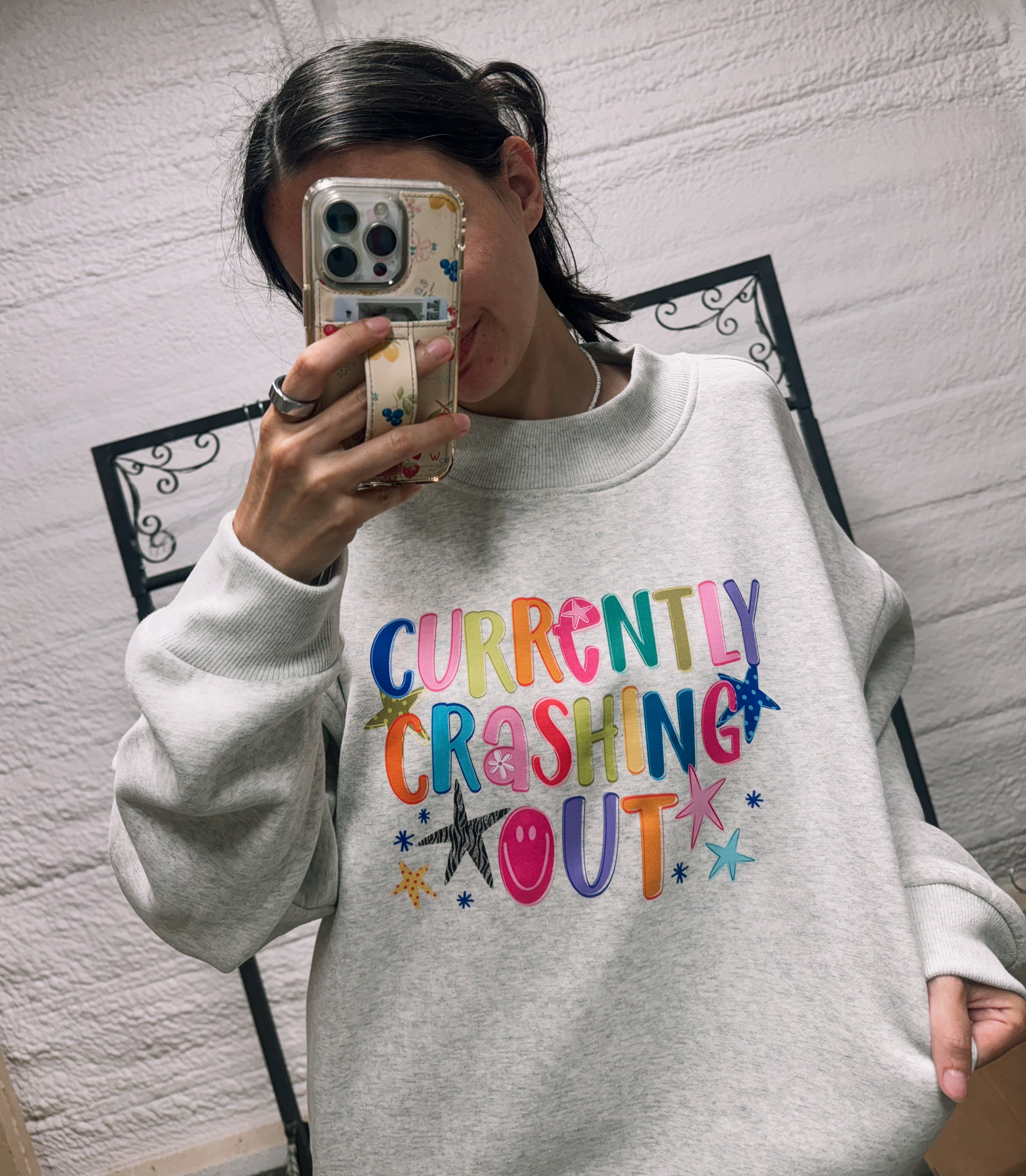 Currently Crashing Out Grey Mock Neck Sweatshirt | Funny Trendy Graphic Mock Neck for Women