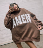 Brown Reversible WWJD / AMEN mock neck crew