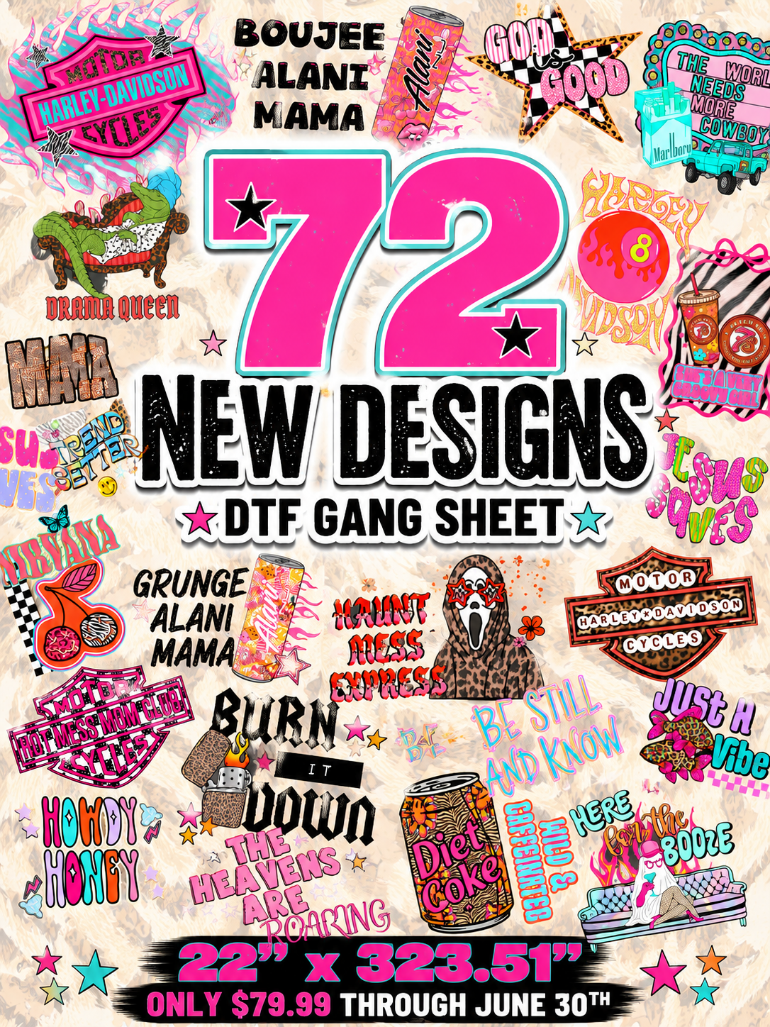 72 New Designs DTF Gang Sheet | Wholesale Ready to Press Transfers | 22" x 323.51"