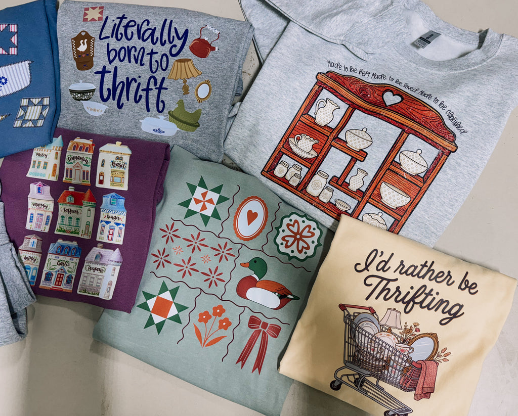 Thrifty, vintage designs surprise tee or crew   - WE DESIGN IT