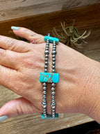 TURQUOISE Double Strand Necklace – 13” Beaded – Sterling Silver Pearls & Rectangle Variscite