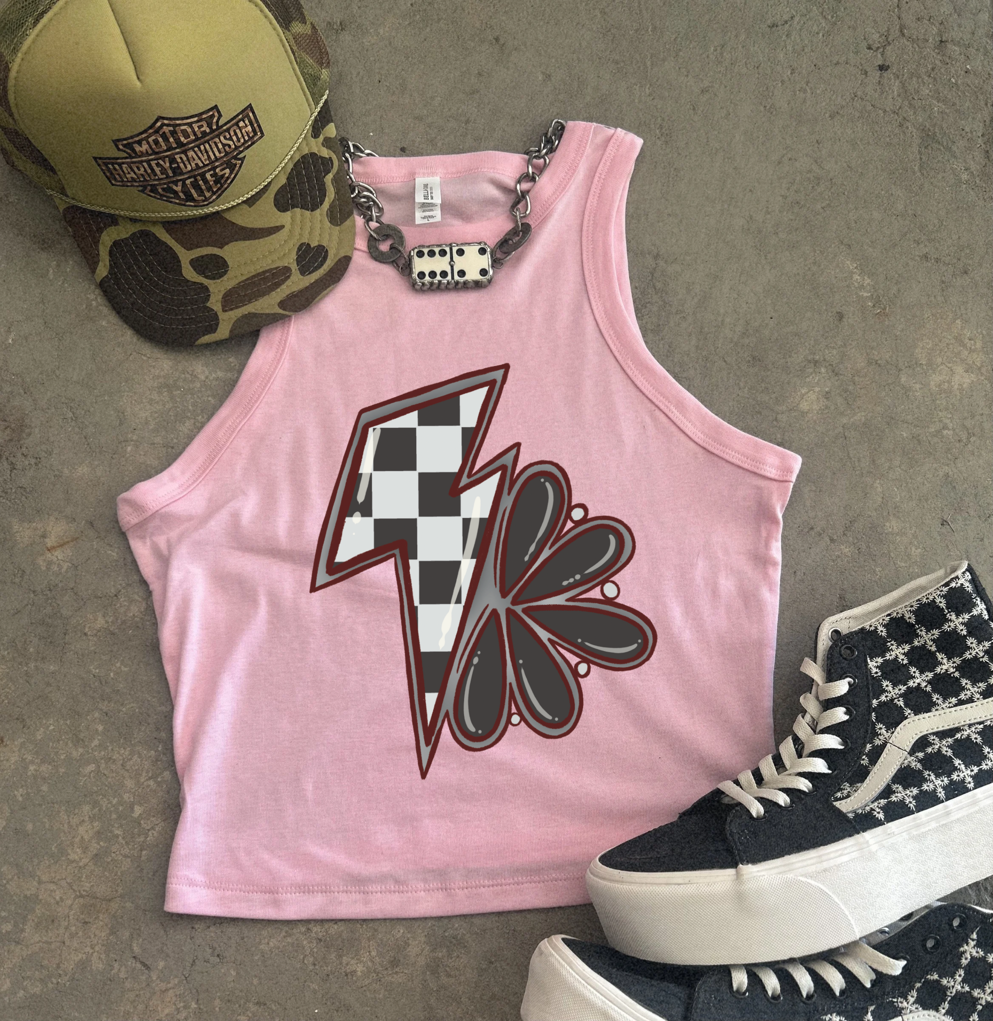 Checkered Bolt Ribbed Racer Tank