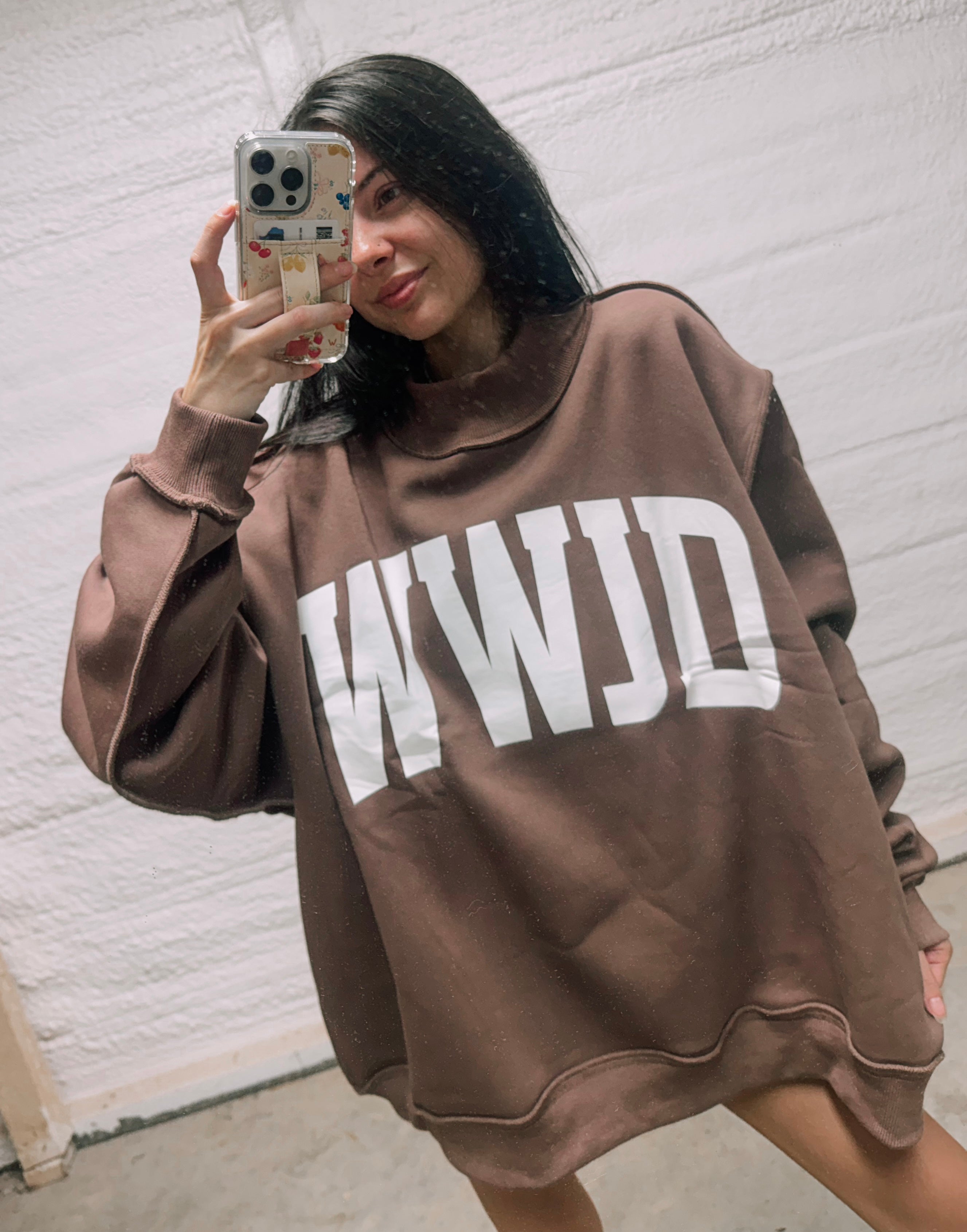 Brown Reversible WWJD / AMEN mock neck crew