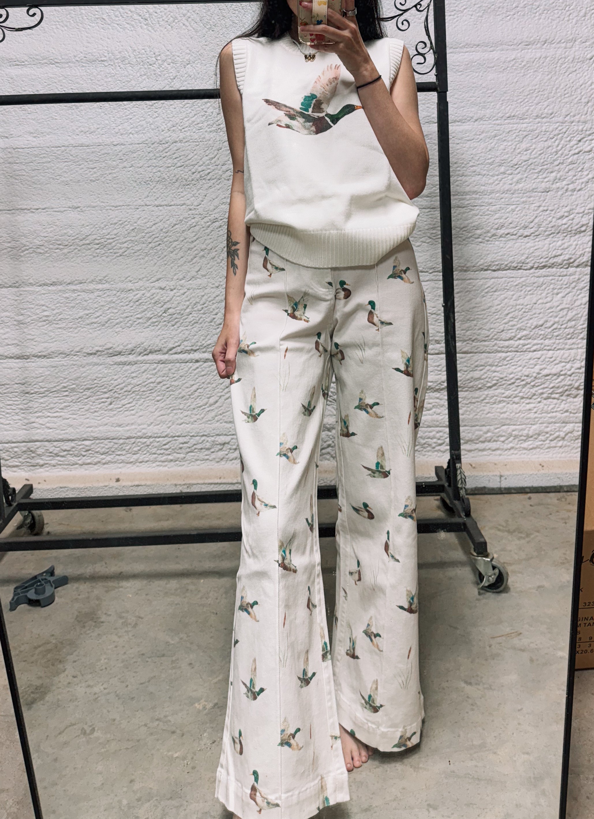 Vintage mallard Duck Print Wide Leg Pants – Women’s Cream High Waisted Lounge Pants, Cottagecore Relaxed Fit Trousers