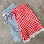 Gingham Plaid Tie Lace Patchwork Hem Shorts