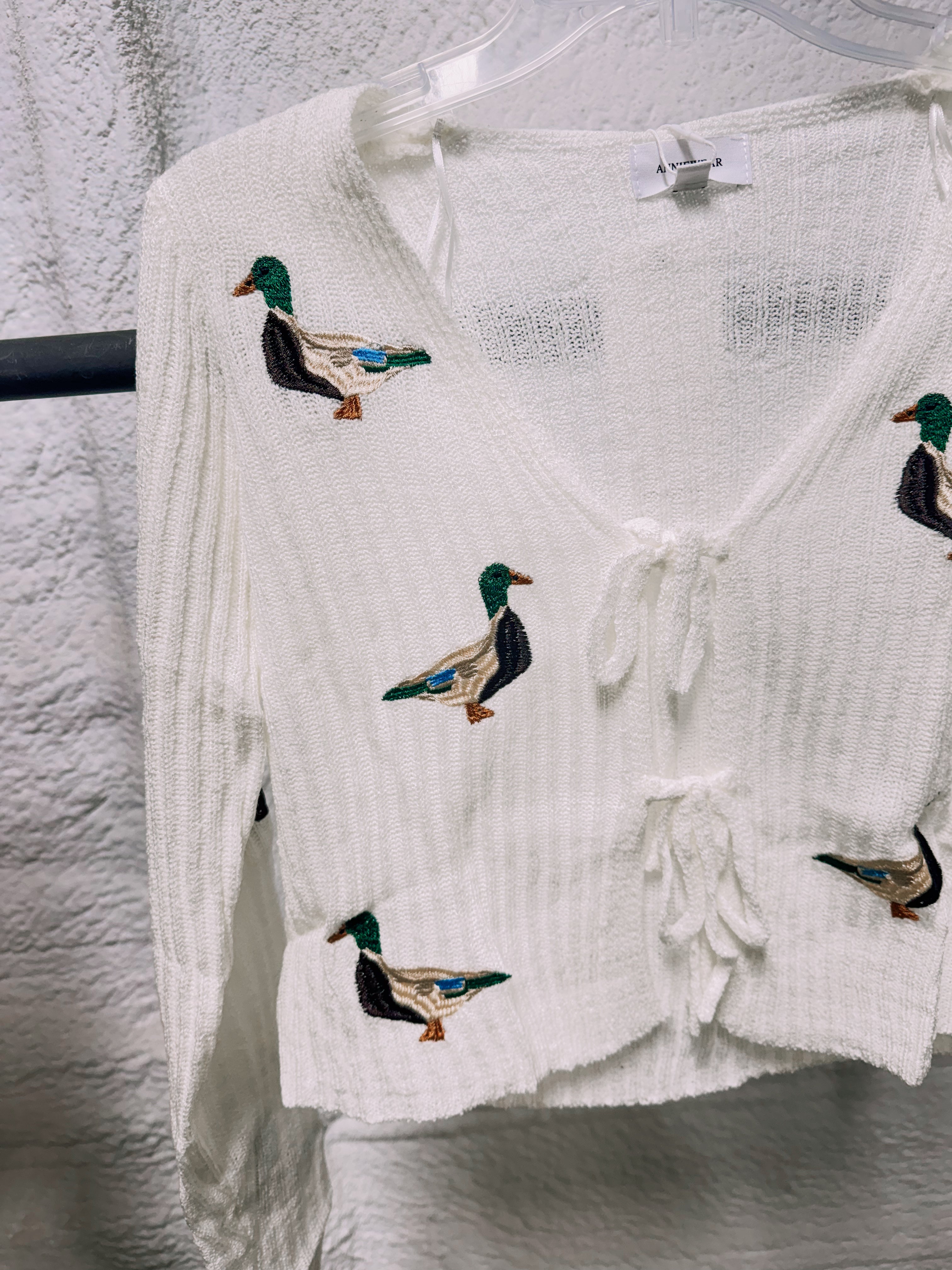 Mallard Duck Embroidered Rib Sweater Cardigan – Women’s Cream cardigan , Vintage Western Cottagecore Knit Top