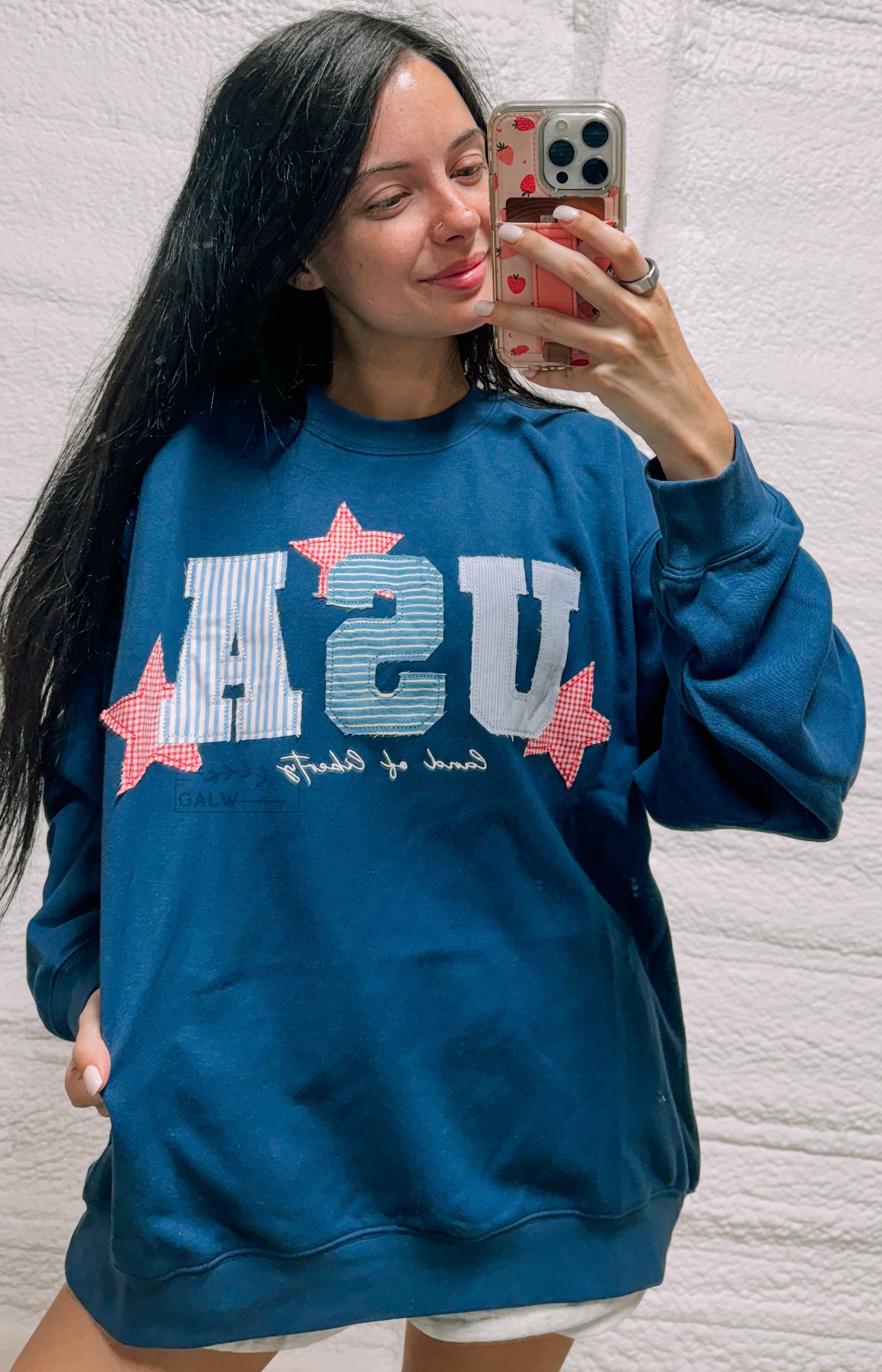 USA land of liberty embroidery patch dark blue sweatshirt