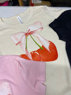 Trendy Cherry Soft Girl Era Pink Bow Aesthetic coquette  ribbed cropped baby tee women's sizing