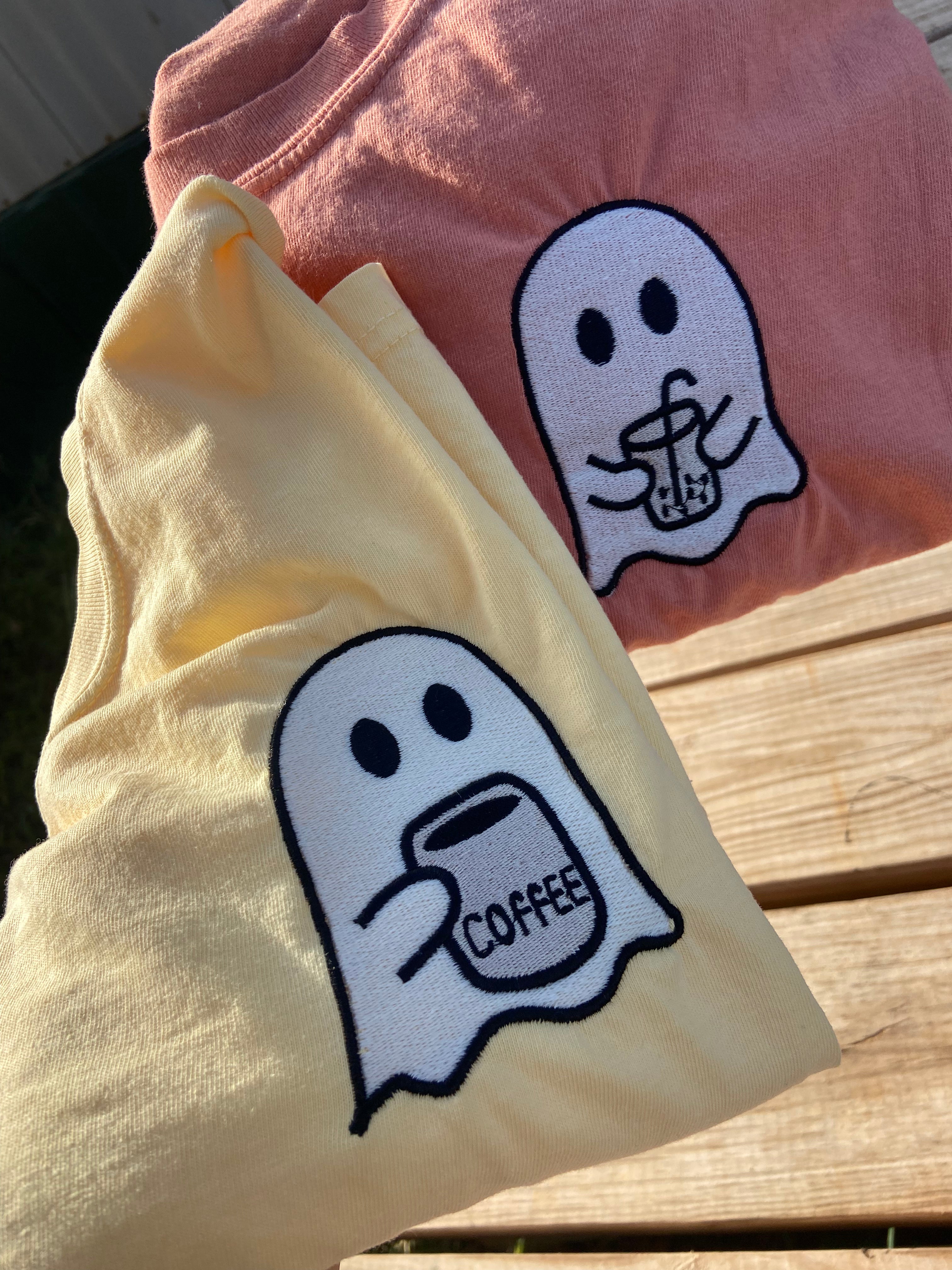 Comfort colors embroidered coffee ghost tees