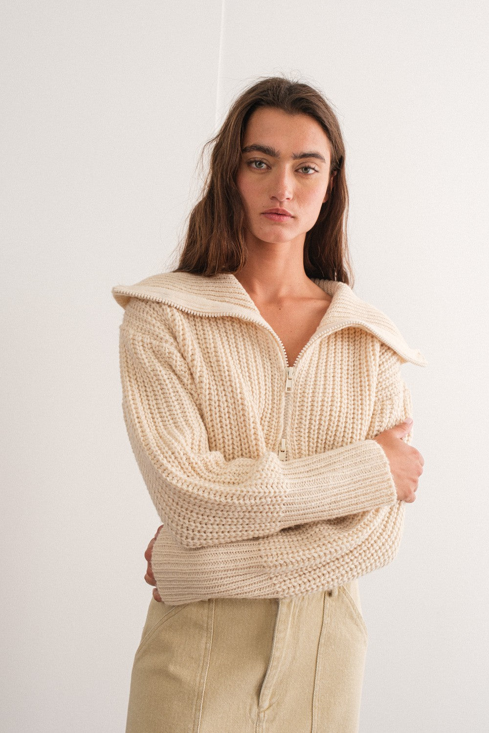 Leona Collared Zip-Up Crop Cardigan