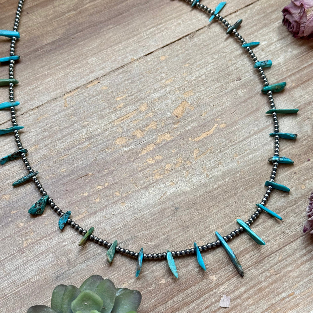 Sterling Silver Pearl & Long Blue Turquoise Necklace – 21”