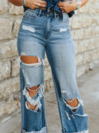 PRE ORDER / The Baylor jeans Mid Wash Distressed Mid Rise Wide Leg Cuffed Bottom Jeans / ETA 4 WEEK TAT