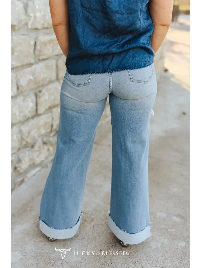 PRE ORDER / The Baylor jeans Mid Wash Distressed Mid Rise Wide Leg Cuffed Bottom Jeans / ETA 4 WEEK TAT