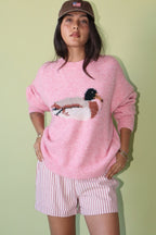 Mallard Duck Knit Sweater – Pink & Sage | Cozy Duck Graphic Sweater