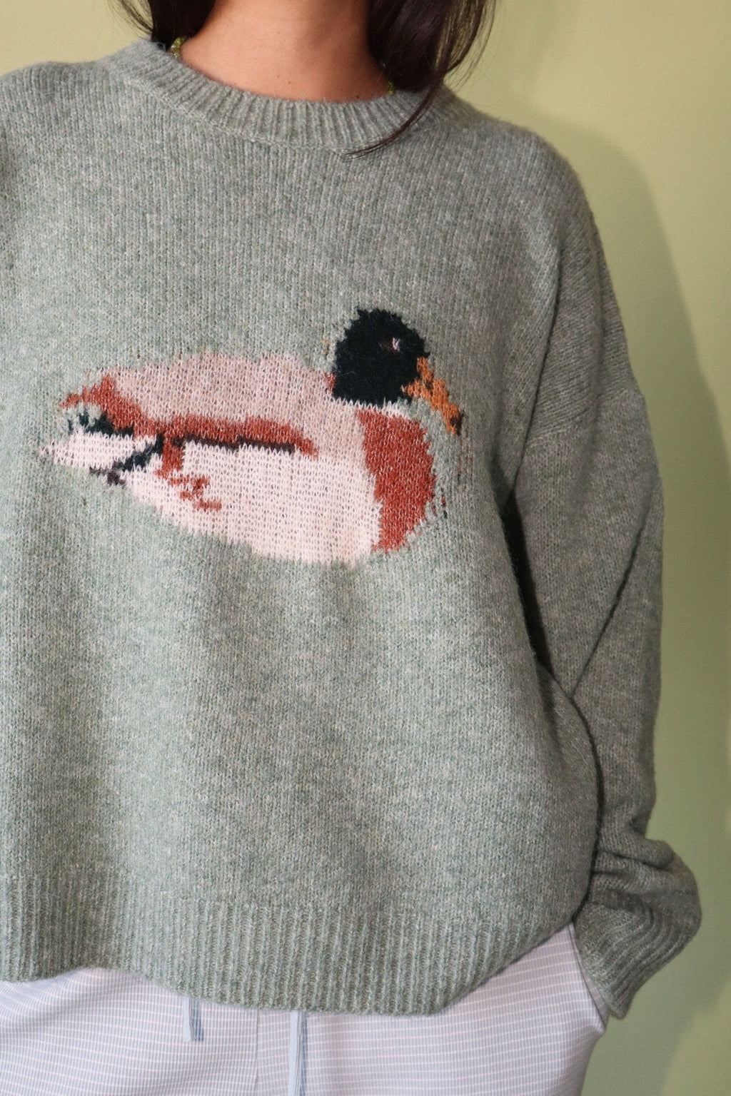 Mallard Duck Knit Sweater – Pink & Sage | Cozy Duck Graphic Sweater