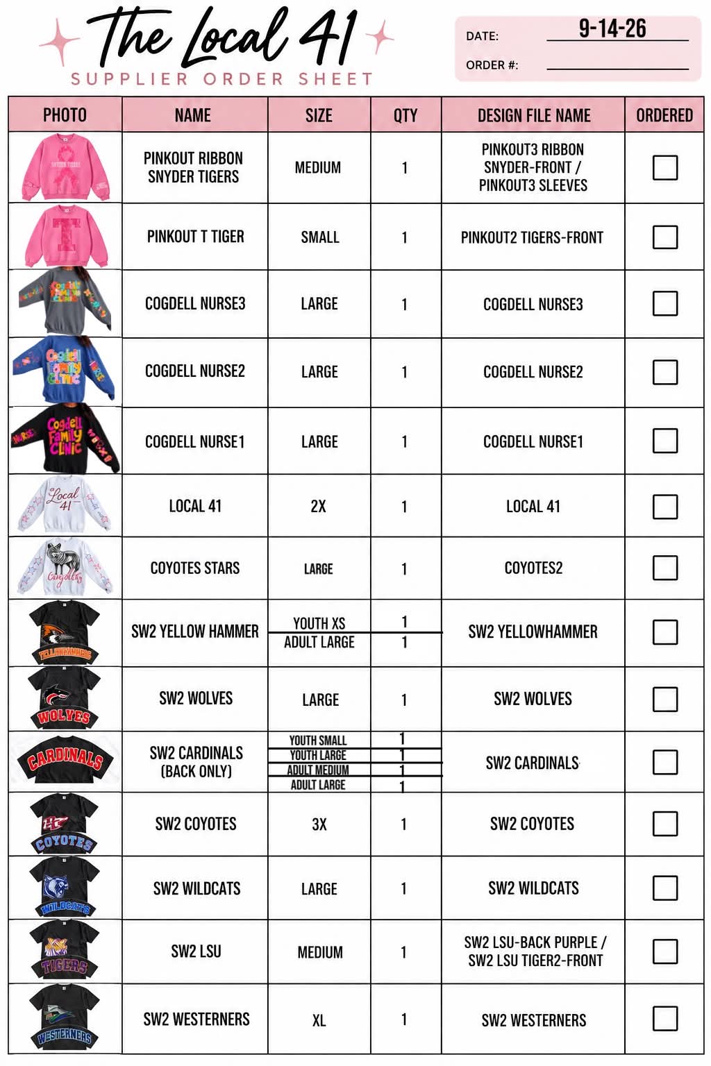 9-14-26 Kinsey bass order 29 items total