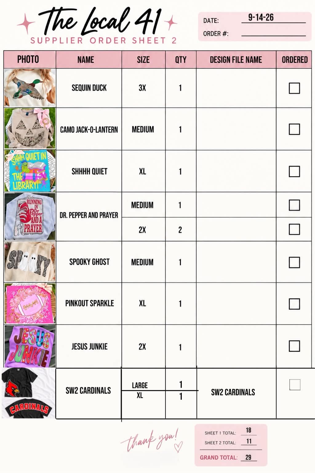 9-14-26 Kinsey bass order 29 items total