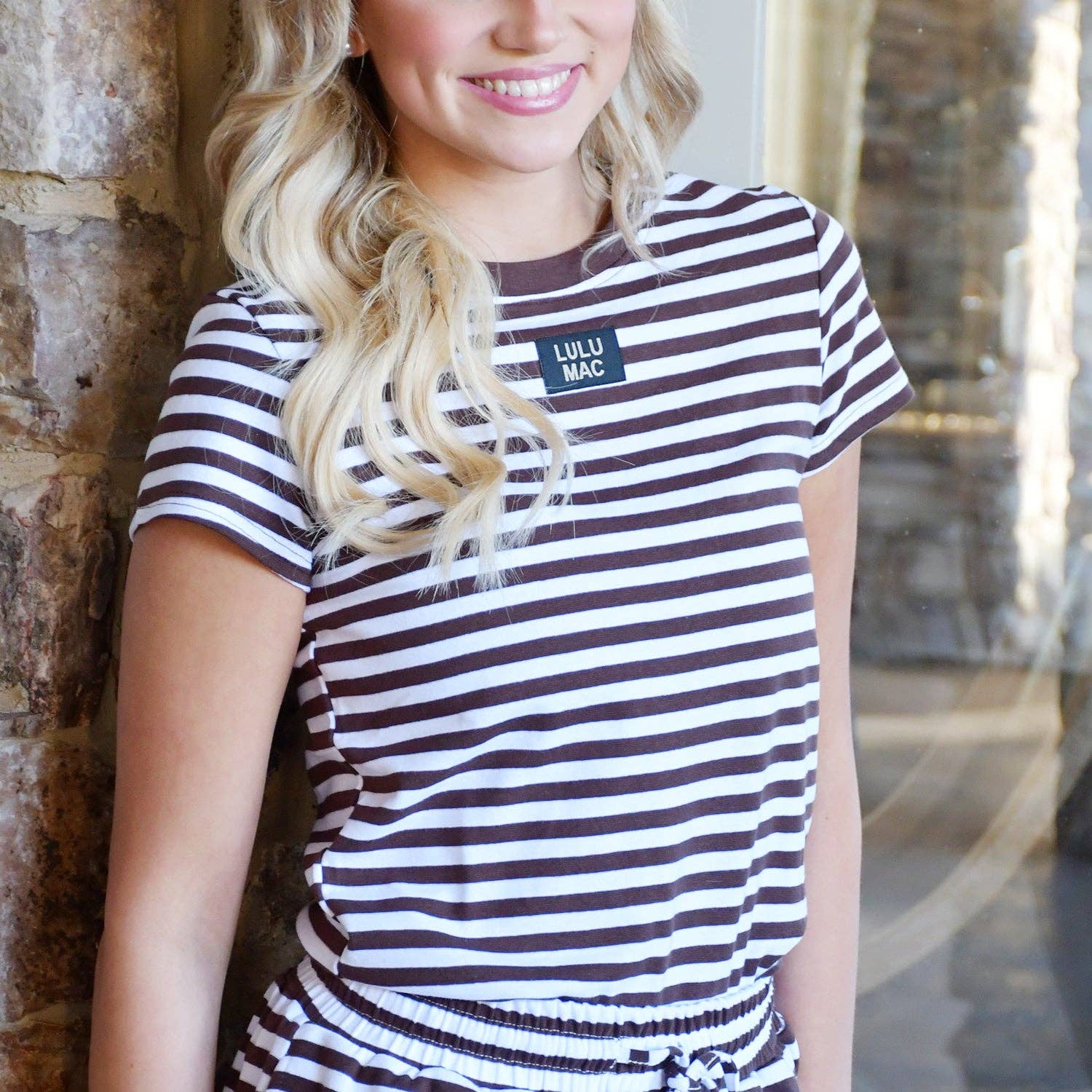 LuluMac STRIPE BABY DOLL TOP SS-BROWN