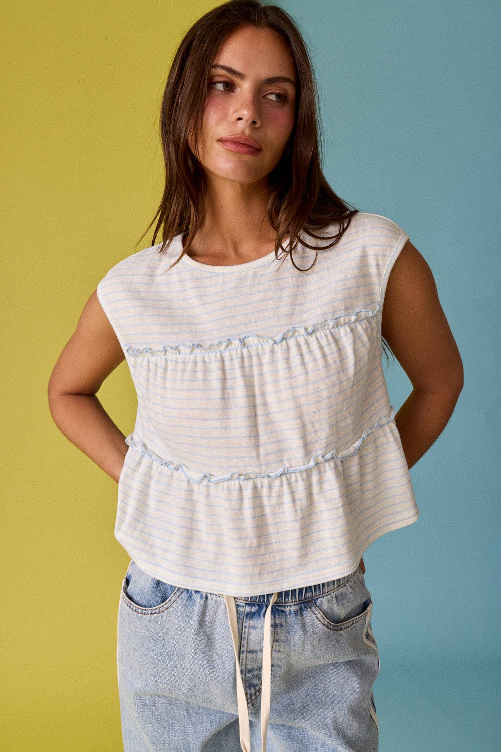 PT19606 Striped Tiered Seam Sleeveless Stripe Top