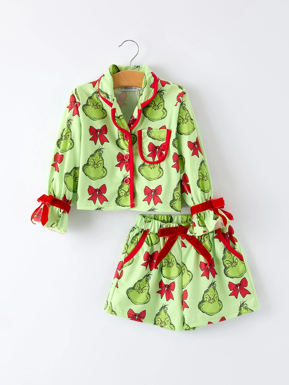 PRE ORDER Green Christmas Character Bow Print Girls Pajama Set ETA / NOV 24TH