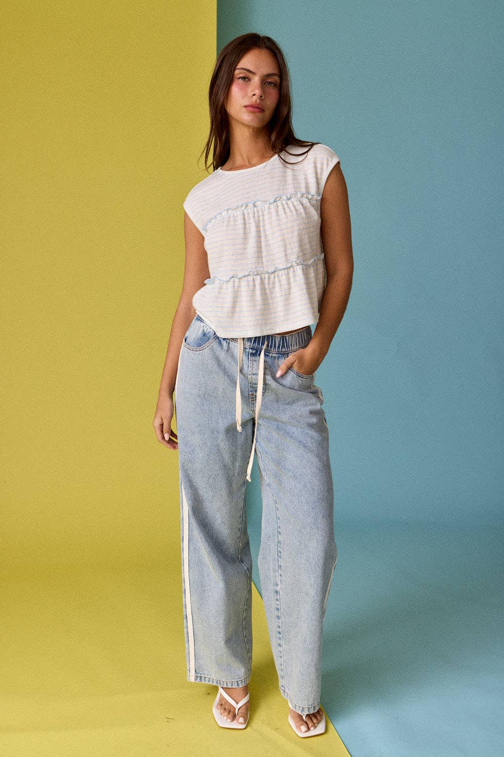 PT19606 Striped Tiered Seam Sleeveless Stripe Top