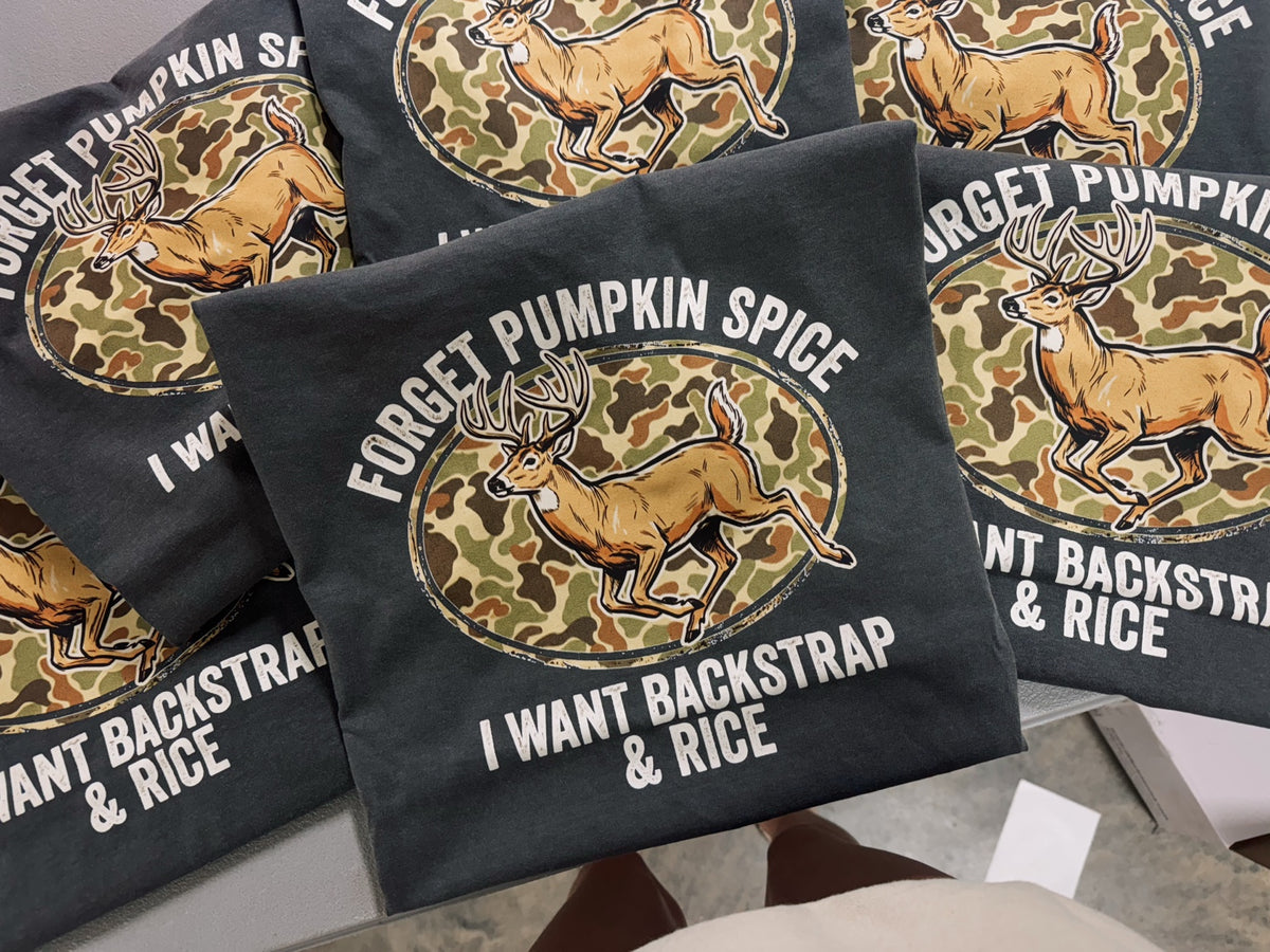 Pepper Comfort Colors hunting tee with deer and camo graphic
