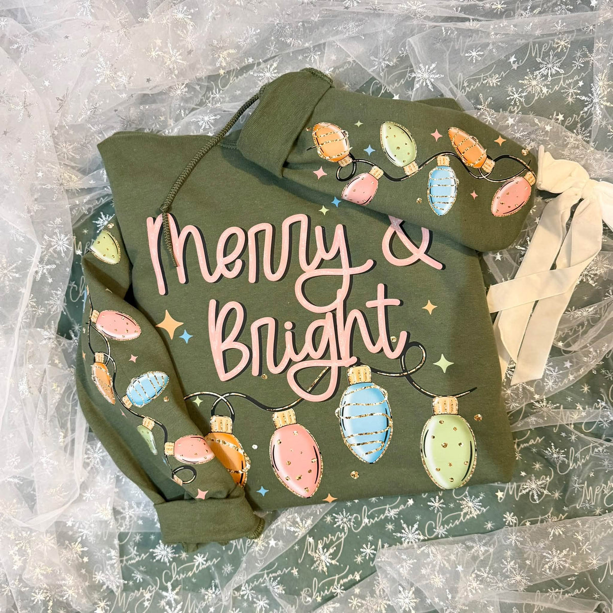 Merry & Bright Pastel Christmas Lights on Military Green Gildan Hoodie with sleeve prints