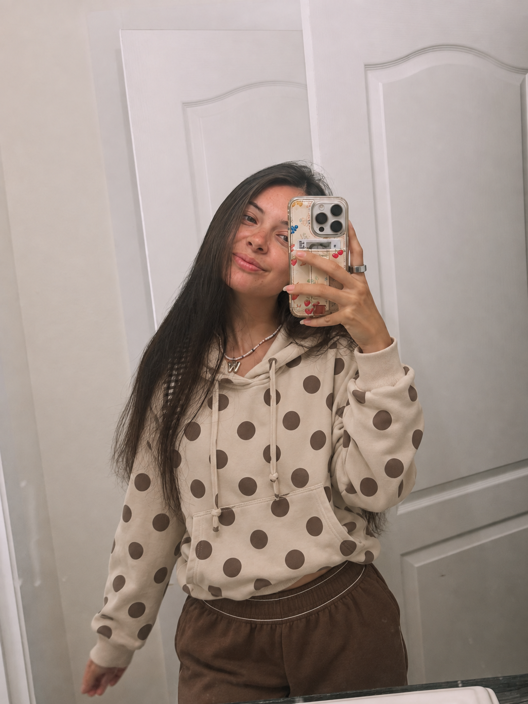 Oatmeal and coffee polka dot fleece hoodie
